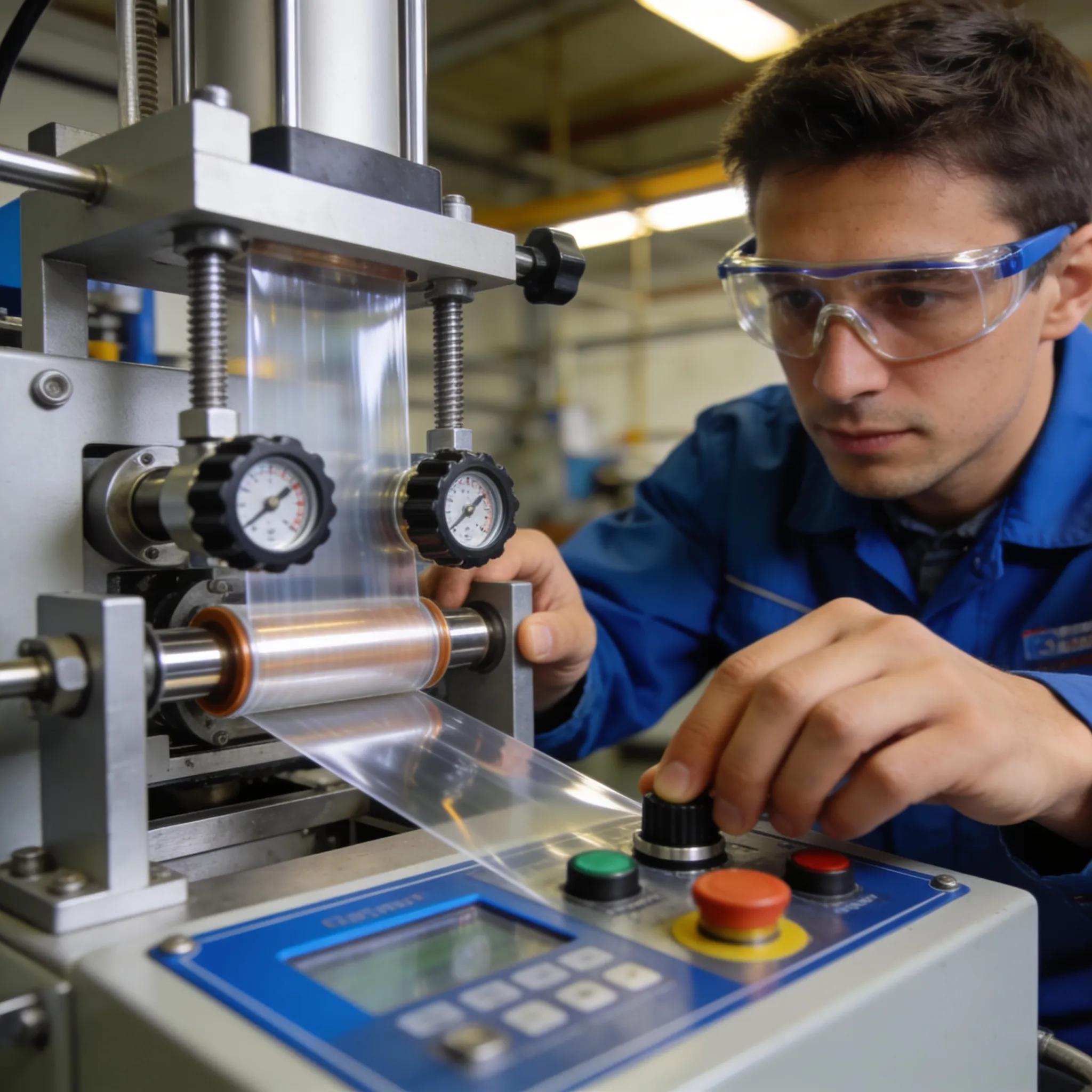 Technician adjusting film thickness on a mini blown film extrusion machine