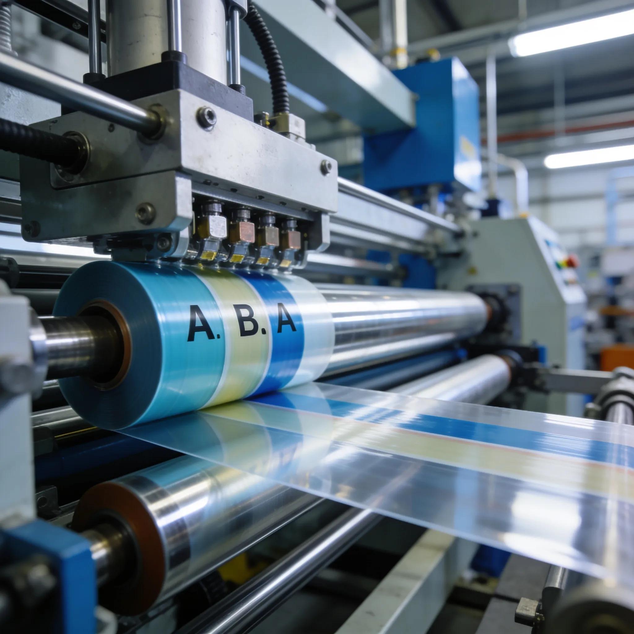 Advanced extrusion machinery producing ABA barrier films in a modern factory setting
