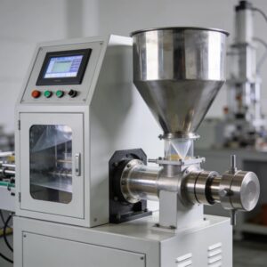 Mini blown film extrusion machine in a small production setting