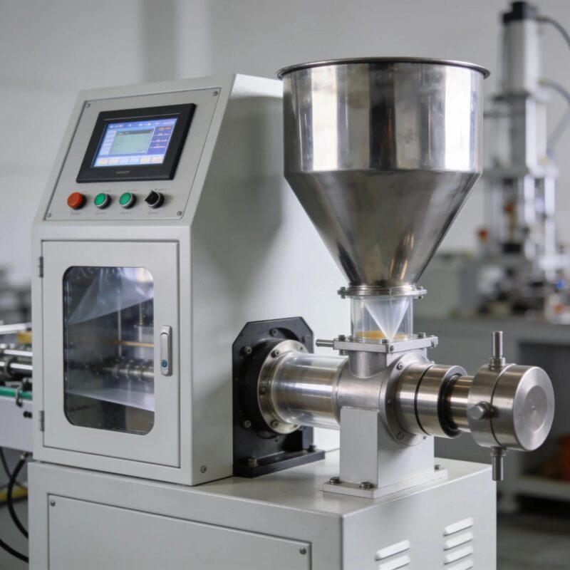 Mini blown film extrusion machine in a small production setting