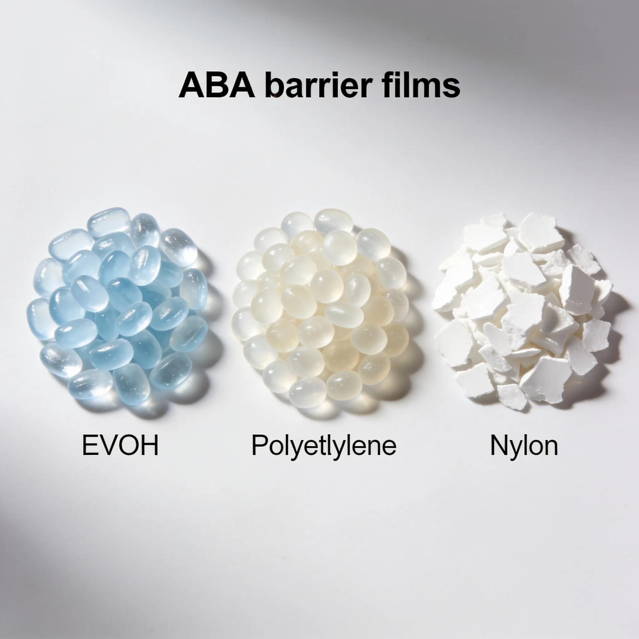 Close-up of EVOH, Polyethylene, and Nylon showcasing their textures and roles in ABA barrier films