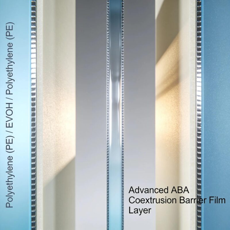 Multilayered ABA barrier film illustrating the innovative design of packaging technology